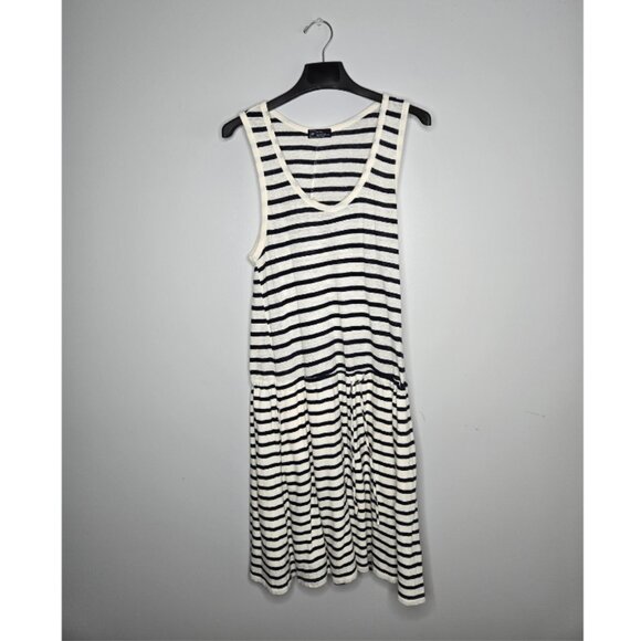 Gap Tall Navy & White Striped Linen-Blend Midi Dress M – Lined Skirt, Pockets - Picture 2 of 6